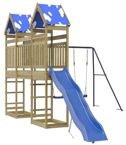 vidaXL Spielturm, Klettergerüst mit Dach Schaukeln Rutsche Brücke, Kinder Kletterturm Spiel-Zubehör für Garten, Holz Spielplatz Spielhaus, Kiefernholz Imprägniert