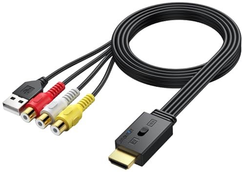 AUTOUTLET RCA auf HDMI Konverter, 1080P AV zu HDMI Adapter unterstützt 16:9/4:3 Konvertierung & PAL/NTSC, Cinch Video Audio Adapter Mit 60cm Weiblich-RCA-Kabel für Wii, PS1/PS2, Xbox, N64, DVD/VHS/VCR