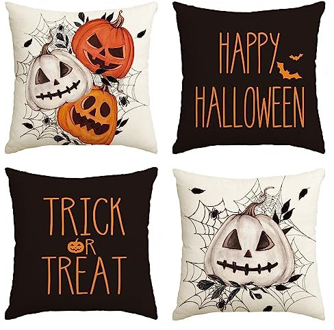 Artoid Mode Spinnennetz Jack-o'-Lantern Happy Halloween Kissenbezüge 4er Set, 40x40 cm Trick or Treat Zierkissenbezug Cushion Cover Couch Deko