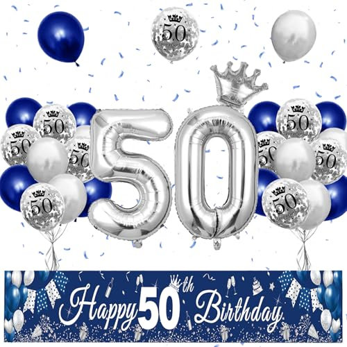 XIEXIESHER 50 Geburtstag Deko, Blau Silber Luftballons 50 Geburtstag Dekoration Set, Partydeko mit Kronenballon und Banner 50 geburtstag mann, für Männer Frauen Party Deko 50.Geburtstag