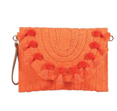 YUEZHAN Sac De Soirée Femme Sac À Main en Paille Sac À Bandoulière Plage À La Main Fermeture Sac Bandoulière Paille Tissé Enveloppe Portefeuille Orange