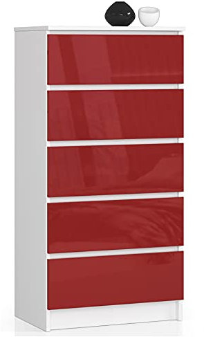 Kommode in rot Hochglanz mit 5 geräumigen Schubladen, 60 cm breit, 121 cm hoch Schlafzimmer Flur Wohnzimmer Organizer Kommode mit Schubladen Holz Highboard Sideboard Schrank