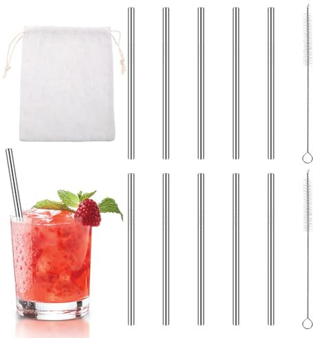 10 Stück Edelstahl Strohhalme Kurze Strohhalme Wiederverwendbare Trinkhalme Kurz Metall Strohhalm Kurz Cocktail Strohhalme mit 2 Reinigungsbürsten für Säfte und Getränke 12.5cm