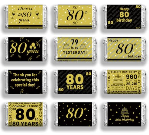 arricraft 120 Pcs Happy 80th Birthday Mini Candy Bar Wrappers, Cake Dot Balloon Wine Glasses Chocolate Bar Label Stickers Self Adhesive Stickers for Birthday Party Favors(No Candy)