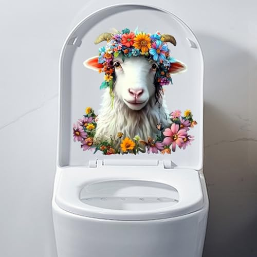 Iprokiu Witziger Tier-Toilettensitz-Aufkleber, wasserdicht, Cartoon-Motiv, Hund, Katze, Toilettensitz, Deckel, Aufkleber, Dinosaurier-Ente, Waschraum, Badezimmer, Wandaufkleber für Zuhause (Schaf)