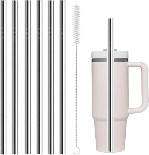 Lot de 6 pailles en acier inoxydable pour tasse Stanley, accessoires pour tasse Stanley, adaptées aux gobelets Stanley, 100 ml, avec 1 brosse de nettoyage (30 cm × 1 cm)