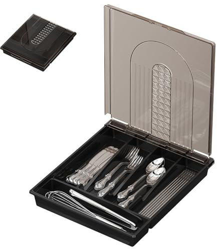 Wnddle Besteckkasten mit Deckel, Tragbar Besteck Aufbewahrung, Besteckkästen mit 6 Fächern, Küchen Organizer, Besteckaufbewahrung für Küchenschublade und Arbeitsplatte