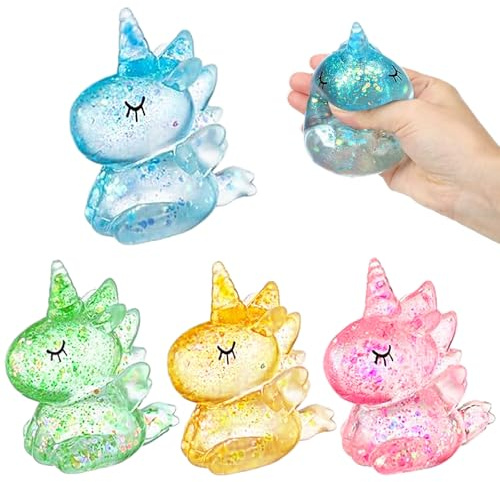 AMFUN 4 Stück Einhorn Stressabbau Fidget Ball, Sensory Stress Balls, Ice Cube Antistressball Quetsch Spielzeug für Linderung von Angst und Stress