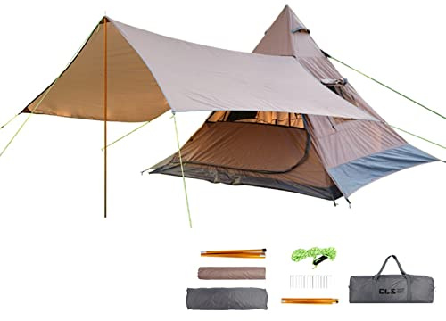 Camping-Tipi-Zelt mit Markise für 3–4 Personen, wasserdicht, UV-Schutz, Outdoor, Familie, Party, Grill, Netzfenster, große Tür, Stangen aus Aluminiumlegierung, Tragetasche
