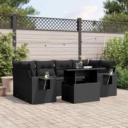 QJBSAVVA 7-TLG Rattan-Set Schwarz 100×55×73 cm, höhenverstellbarer Tisch, wetterfest, Balkon/Terrasse