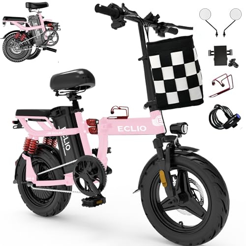 Folding Electric Bike, Peak 800W Motor 20MPH,48V 14Ah Removable Battery 55Miles Ebike,14'' Lightweight Adults Electric Bicycles for Men/Women/Teens,Mini E-Bike,Full Suspension (M1-Pink-800W-14Ah)