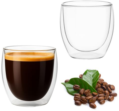 Navoys 2pc Double Walled Coffee Glasses 250ml – Borosilicate Thermal Glass Cups for Hot & Cold Drinks, Shatterproof, Dishwasher & Freezer Safe, Coffee, Iced Tea, Ice Cream, Latte, Macchiato