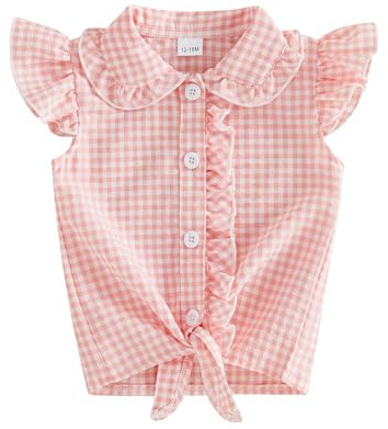 Toddler Baby Girl Summer Sleeveless Shirts Plaid Print Doll Collar Ruffle Button Down Flying Sleeve Tops Little Girl Tie Knot Blouse