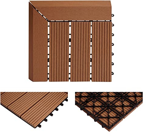 BERLINLODGE WPC Eck-Bodenfliese + Abschluss | BxT 30x30cm Premium | Holzoptik Terrasse | Ecke links | Teak linear