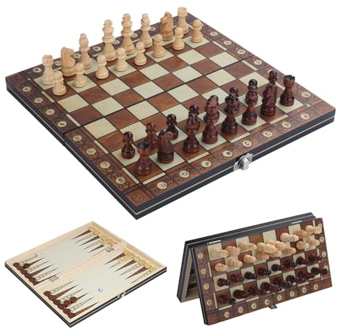 Schachspiel aus Holz magnetisch | 3-in-1 Set mit Dame & Backgammon | Faltbares Schachbrett für Reise & Anfänger | Klappbares Schachbrett für Kinder & Erwachsene, 29x29cm