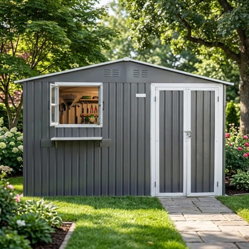 FammyLoft Gartenhaus Metall, 313,1x255,4cm, Garten Geräteschuppen Metall mit 2 Fenstern und Blumenregal, Gerätehaus mit Doppeltüren, Gartenschrank Wasserdicht für Garten/Terrasse, Grau