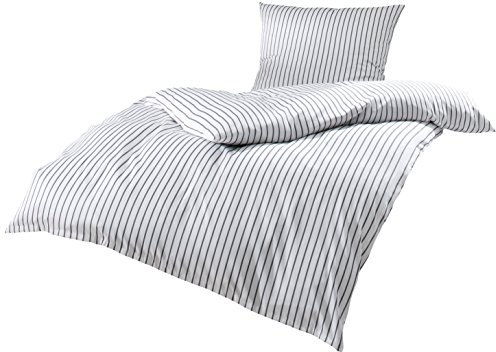 Mako Satin Bettwäsche grau weiß gestreift 140x200 + 70x90 cm, 100% Baumwolle mit Reißverschluss