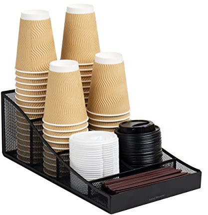 Mind Reader COMP7MESH-BLK 7-Compartment Coffee Cup and Condiment Countertop Organizer, Metal Mesh, 8.5 L x 14.5 W x 5.25 H, Black
