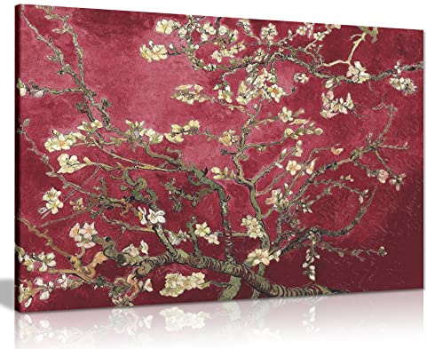 Floral Canvas Maroon Van Gogh Blossoming Almond Tree Canvas Wall Art Picture Print (18X12)
