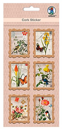 Ursus 41050004 - Kork Sticker, Briefmarke, Flora & Fauna, 8 Stück, selbstklebend, lösungsmittel und säurefrei, ideal zum beschriften von Gläsern, Dosen und Geschenken
