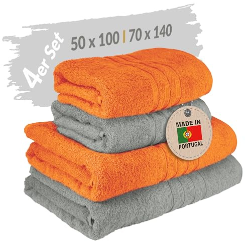 Lashuma Handtücher Set groß, London Badetücher Set 50x100 & 70x140 cm Orange - Grau