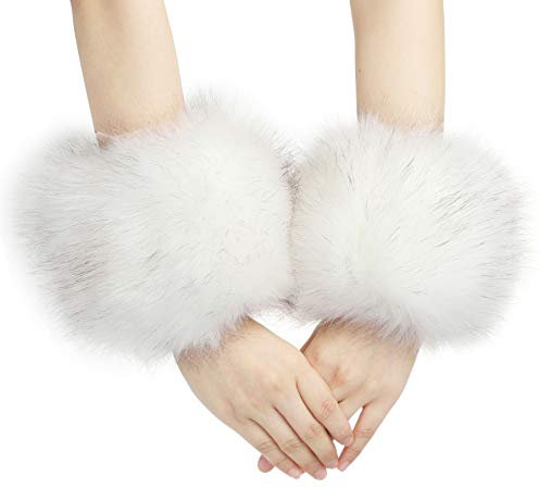 LA CARRIE Damen-Handgelenkmanschetten mit Schlangenleder-Aufdruck, Kunstfell, Winter-Fuchs, pelzige Bänder, Armwärmer, Weiß, Large