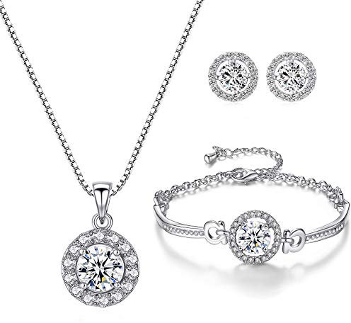 YooAi Schmuck Set Runde Anhänger Halskette Ohrringe und Armband Set Zirkonia Schmuck für Frauen Rund Silber