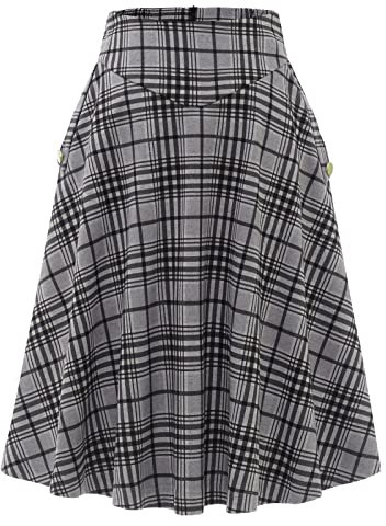 Rock Damen Lang Vintage Elegant Plaid Winterrock Warm Elastische Taille A Linie Röcke Casual Rock Hohe Taille Midi Rock Black Grey Plaid XL