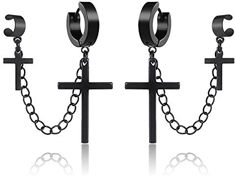 Jemant Ear Cuff Clip With Dangle Drop Cross Chain Earrings For Men Women Black Silver Stainless Steel Punk Cool Gothic Rock Fashion Cross Chain Earrings With Cuff Clip On Jewelry