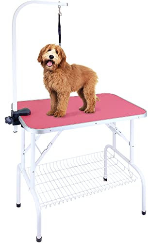 Kalolary 32inch Hund Trimmtisch Schertisch Hundepflegetisch, Hundepflegetisch klappbar, Tierpflegetisch mit Unterkorb und Schlingen, Stabil Höhenverstellbar klappbar Hunde Trimmtisch(Rosa)