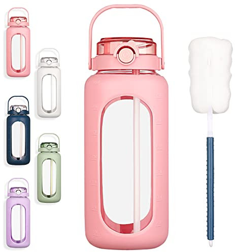 BLUEGO 2L Gourd en verre Avec paille Marqueur de temps Bouteille d'eau Motivation avec manchon en silicone 2 litres Grande carafe d'eau en Verre pour Gym, sports et entraînement, Rose
