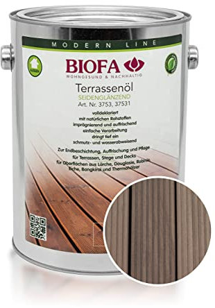 BIOFA Terrassenöl farbig 37531 Pflegeöl für Holzterrassen und Terrassen-Dielen aus Holz – Öl aus natürlichen Rohstoffen - Außenbereich (2,5L, Grau)