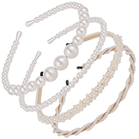 4 Stück Perlen Haarreifen Damen Weißes Kunstperlen Stirnband Perlen Haarreif Perlen Headband Brautstirnband Hochzeit Haarschmuck Mädchen Hochzeit Geburtstagsfeier Geschenke Hair Accessories Women