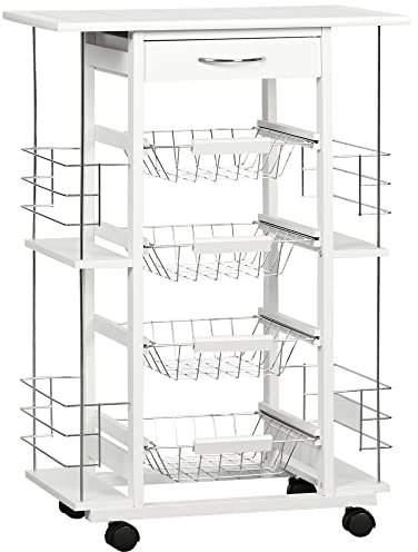HOMCOM Carrito de Cocina con Ruedas Carrito Verdulero con Encimera Baldosado Cajón 4 Cestas de Metal y 4 Especieros Laterales para Comedor 57x37x83 cm Blanco