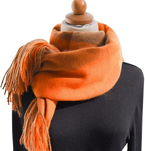 Damen Schal Senfgelb Herbst und Winter bunter Karierter Schal für Damen, verdickender Warmer Fransenschal Werder Schal Für Auto (Orange, One Size)