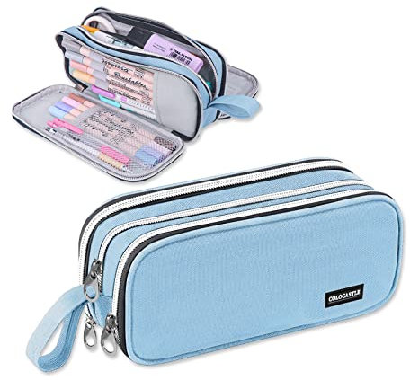 COLOCASTLE Federmäppchen Mäppchen Federmappe groß mit 3 Fächern Federtasche Mädchen Jungen Teenager Pencil Case Schlamppermäppchen für Schule Büro (Lichtblau)