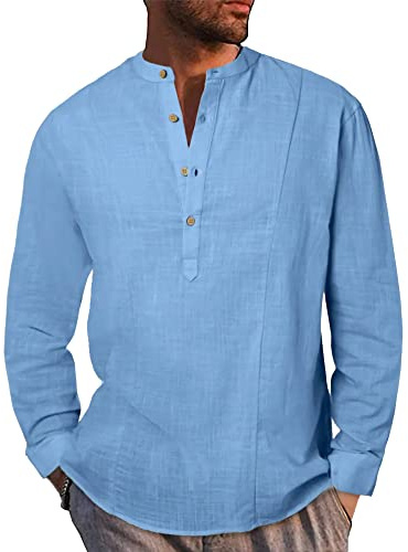 LVCBL Mens Linen Shirts Long Sleeve Casual Button Down Henley Shirts Summer Loose Fit Shirt Tops