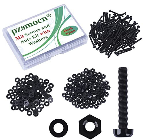 Pzsmocn 300 Stück/100 Sätze M3*30 mm Schwarzes Nylon Kunststoff Kreuzschlitz Rundkopfschrauben-Sechskantmuttern mit Isolierscheibe Standardgröße, für Heimwerker und Elektronische Montage.