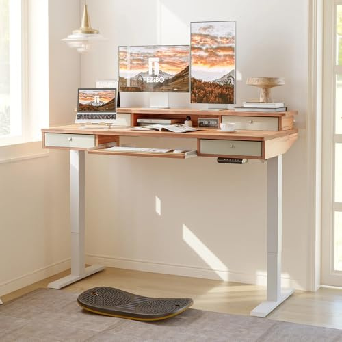 FEZIBO Height Adjustable Electric Standing Desk with 4 Drawers and Keyboard Tray, 140 x 60 cm Table with Storage Shelf, Sit Stand Desk with Splice Board, Light Rustic Brown