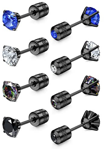 JeryWe 4Pair 5mm orecchini titanio per uomo donne Orecchini in acciaio chirurgico Tragus Cartilage Stud Arcobaleno 5A Cubic Zirconia doppio lato Sleep Stud per orecchie sensibili ipoallergenico