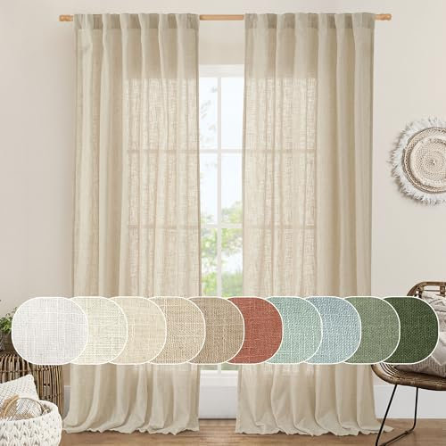 LAMIT Natural Linen Curtains 90 Inch for Living Room, Back Tab and Rod Pocket Textured Sheer Light Filtering Curtains for Bedroom/French Door, Set of 2, 52 x 90 Inch