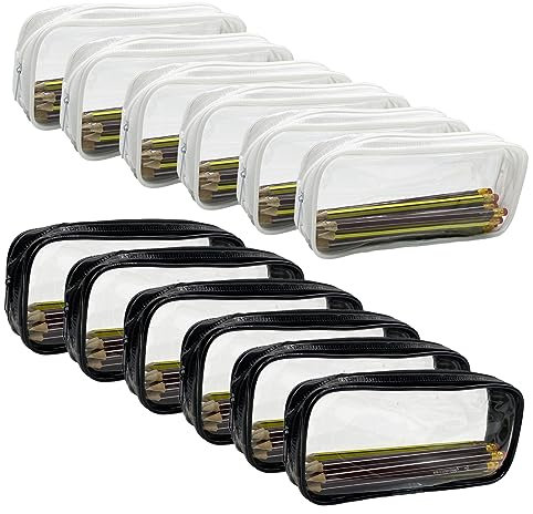 WAIZHIUA 12Pcs Clear Pencil Case PVC Pencil Bag Transparent Makeup Pouch with Zipper for School Office Stationery Travel(Black White)