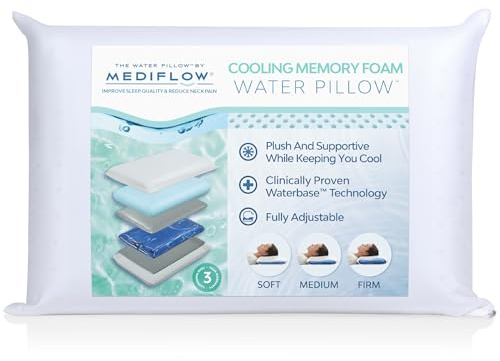 Mediflow Cooling Gel Memory Foam Water Pillow - Adjustable Pillow for Neck Pain Relief, Pillow for Side, Back, and Stomach Sleepers, Cooling Bed Pillows for Sleeping (Single Pack)