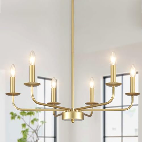 Kronleuchter Gold Vintage, 6 Flammig Kronleuchter Modern, Pendelleuchte Gold Hängelampe mit E14 Fassung, Deckenlampe Wohnzimmer Hängend für Schlafzimmer, Küche, Esszimmer, Flur