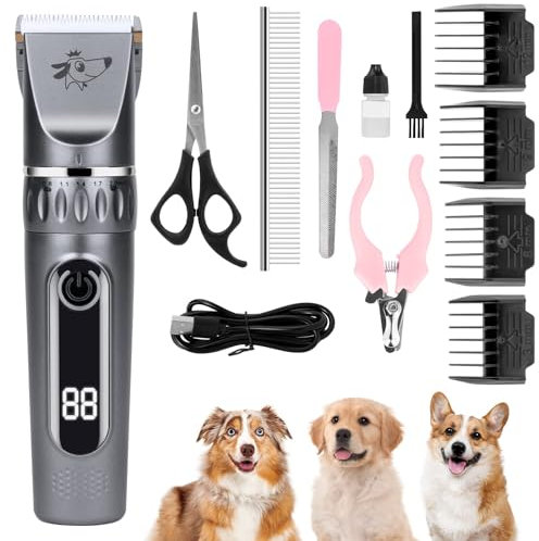 Adiwo Hundeschermaschine,Leise Schermaschine Hund und Katze Mit 2 Geschwindigkeiten Wiederaufladbarer Kabelloser Kätzen und Hunde Pferde Haarschneidemaschine Schermaschine Hund Mit 11 Zubehör Silber