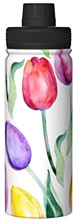 XqmarT Botella de agua, acuarela botánica de flor de tulipán colorida, termos aislados, vaso de vacío de acero inoxidable de 18 onzas, frasco de agua