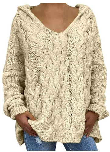 Women's Oversized Chunky Cable Knit Pullover Hooded Sweaters V Neck Long Sleeve Loose Hoodies (M,02)