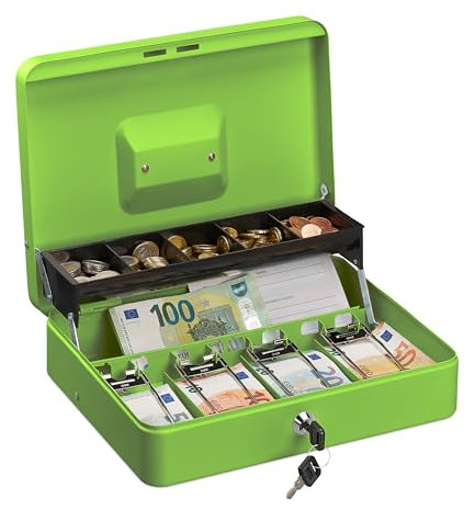 Relaxdays Geldkassette abschließbar, Münzeinsatz & 4 Scheinfächer, Geldkasse Eisen, HxBxT: 8,5 x 30,5 x 24,5 cm, grün