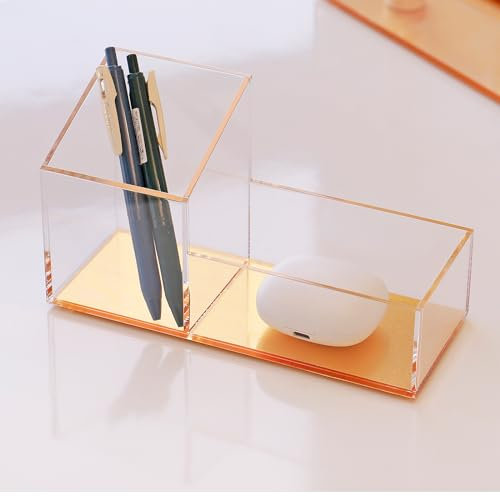 HARLIANGXY Stifthalter Acryl, Schreibtisch Organizer Gold, Büro-Organizer Stifthalter, Stiftebecher, Stifteköcher Transparent für Stifte, Hefter, Ordnerklammern, Haftnotizen