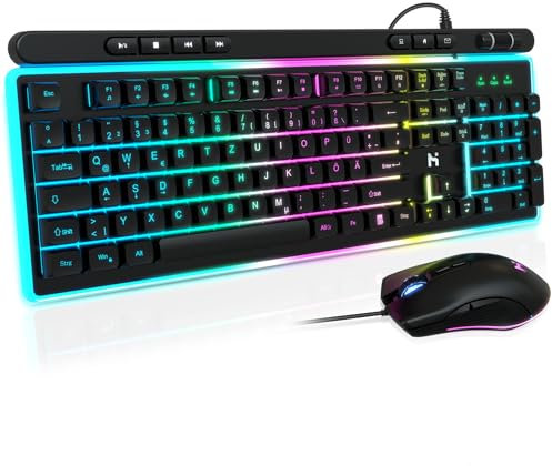 HLONONE Gaming Tastatur und Maus Set, Regenbogen LED Hintergrundbeleuchtung, USB Verkabelt, Ergonomische Tastatur für PC Gamer und Büro, QWERTZ DE Layout -Schwarz
